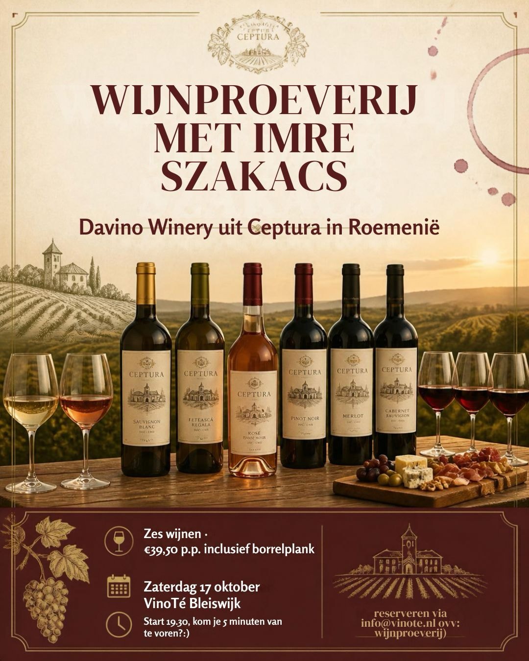 Wijnproeverij met Imre Szakacs van Davino Winery bij Proefkamer VinoTé Bleiswijk op zaterdag 17 oktober 2026